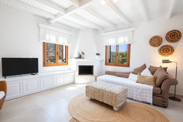 Fernseher, Kamin, DVD-Player, Bücher