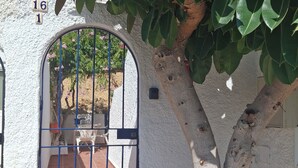 A white building with a blue gate and a tree with green leaves.