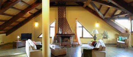TV, fireplace