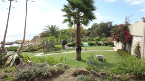 Un jardín bien cuidado con una palmera, una piscina y vista al océano.