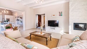 A modern living room with a sofa set, a coffee table, a TV, and a fireplace. - Villa San Kirin ***** Lavanda, five stars with Whirlpool, Sauna, billiard ... (Vodnjan)
