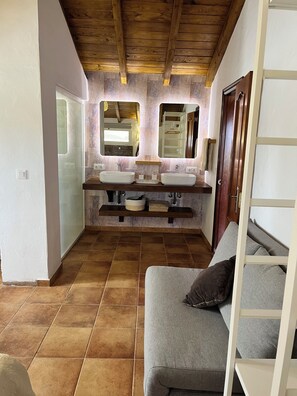 Combined shower/tub, jetted tub, hair dryer, towels