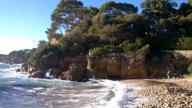 Ein felsiger Strand mit brechenden Wellen, eine Klippe mit dichter Vegetation und ein klarer, blauer Himmel.