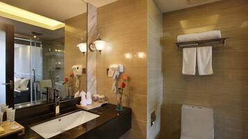 Shower, free toiletries, hair dryer, slippers