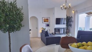 Un salon moderne avec une cheminée, une table à manger avec des chaises et un canapé.