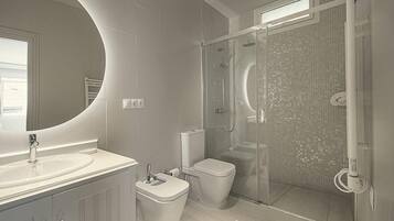 Shower, hair dryer, bidet, towels