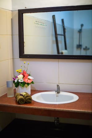 Shower, free toiletries, towels
