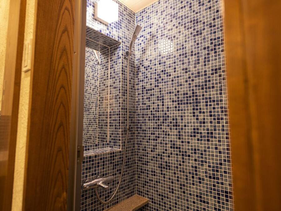A bathroom with a shower area featuring mosaic tile walls and a wooden door.