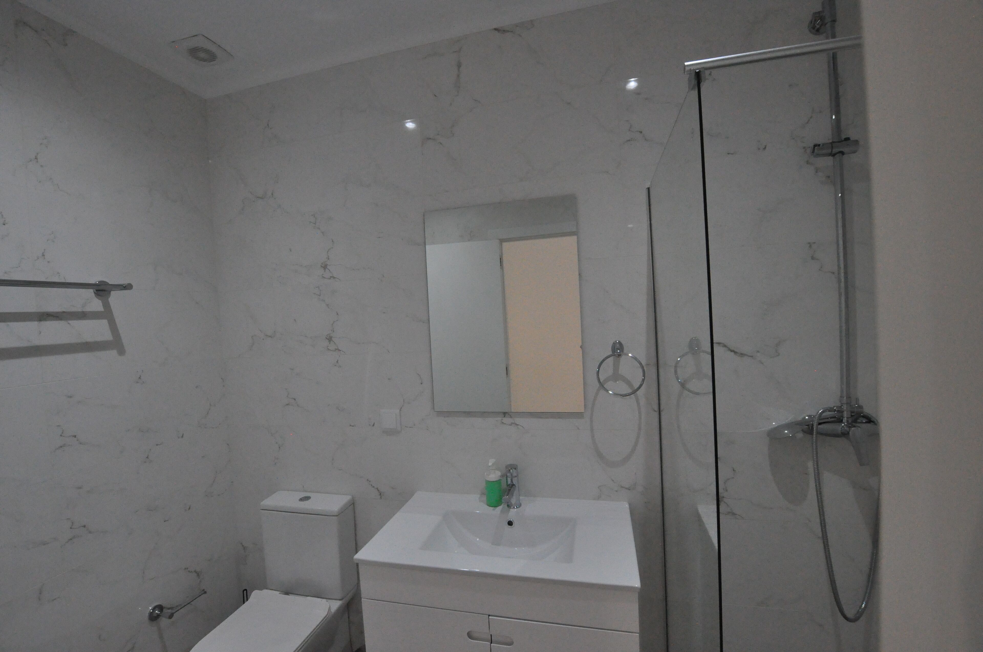 A bathroom with a marble wall, a sink with a mirror, a toilet, and a shower.
