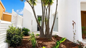 Un bâtiment blanc avec un arbre au centre, entouré d’un jardin où poussent différentes espèces de plantes.