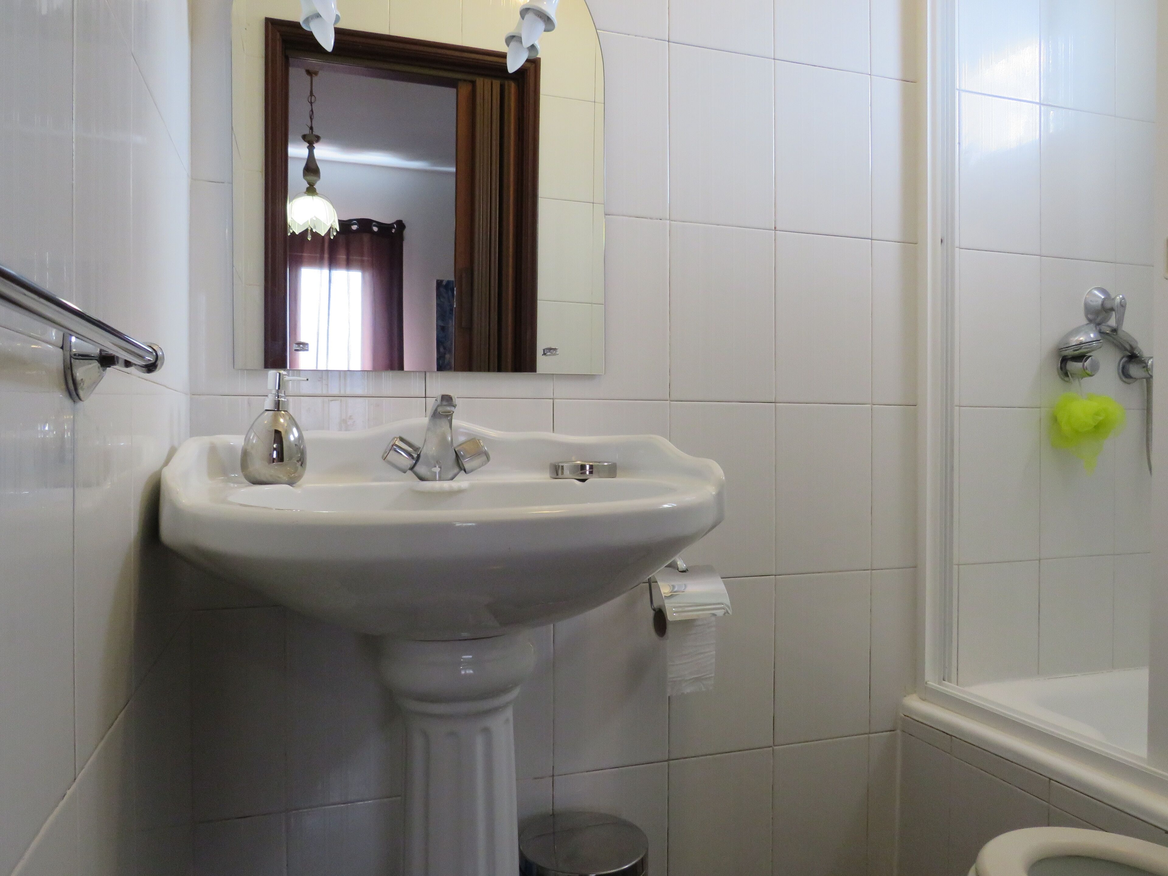 shower, hair dryer, towels, toilet paper