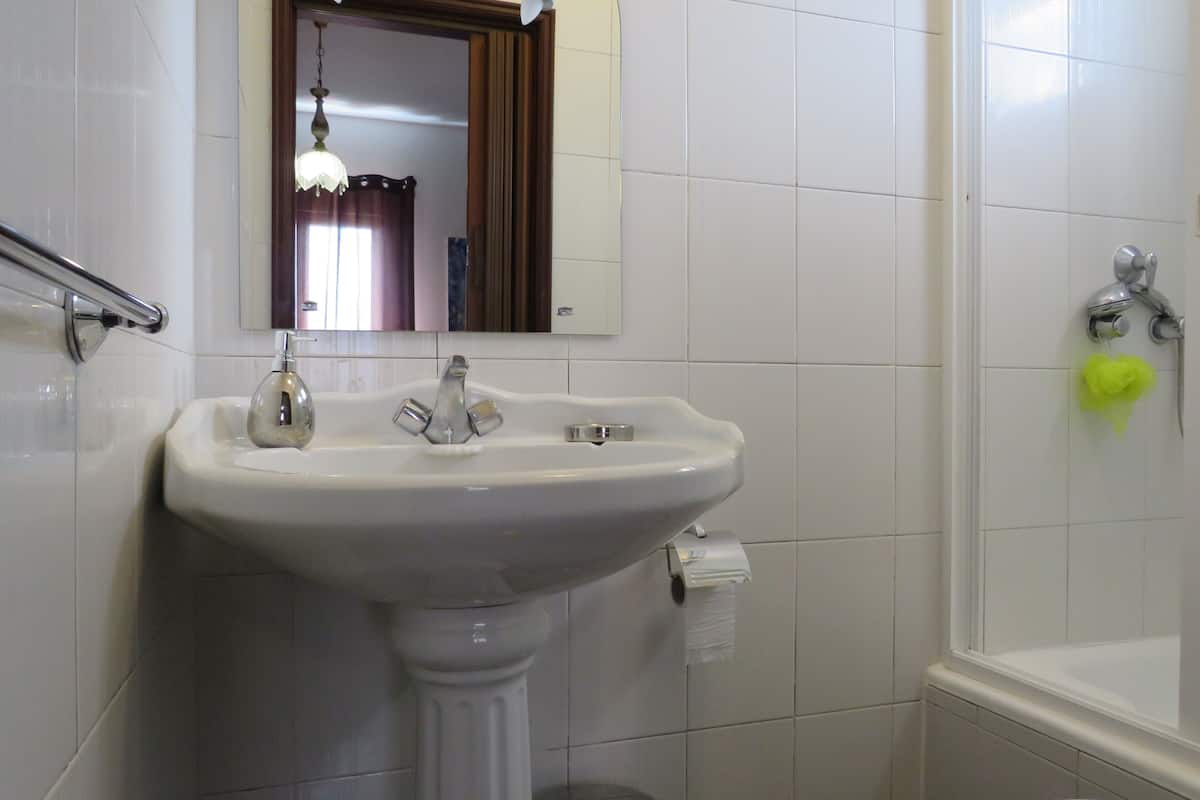 shower, hair dryer, towels, toilet paper