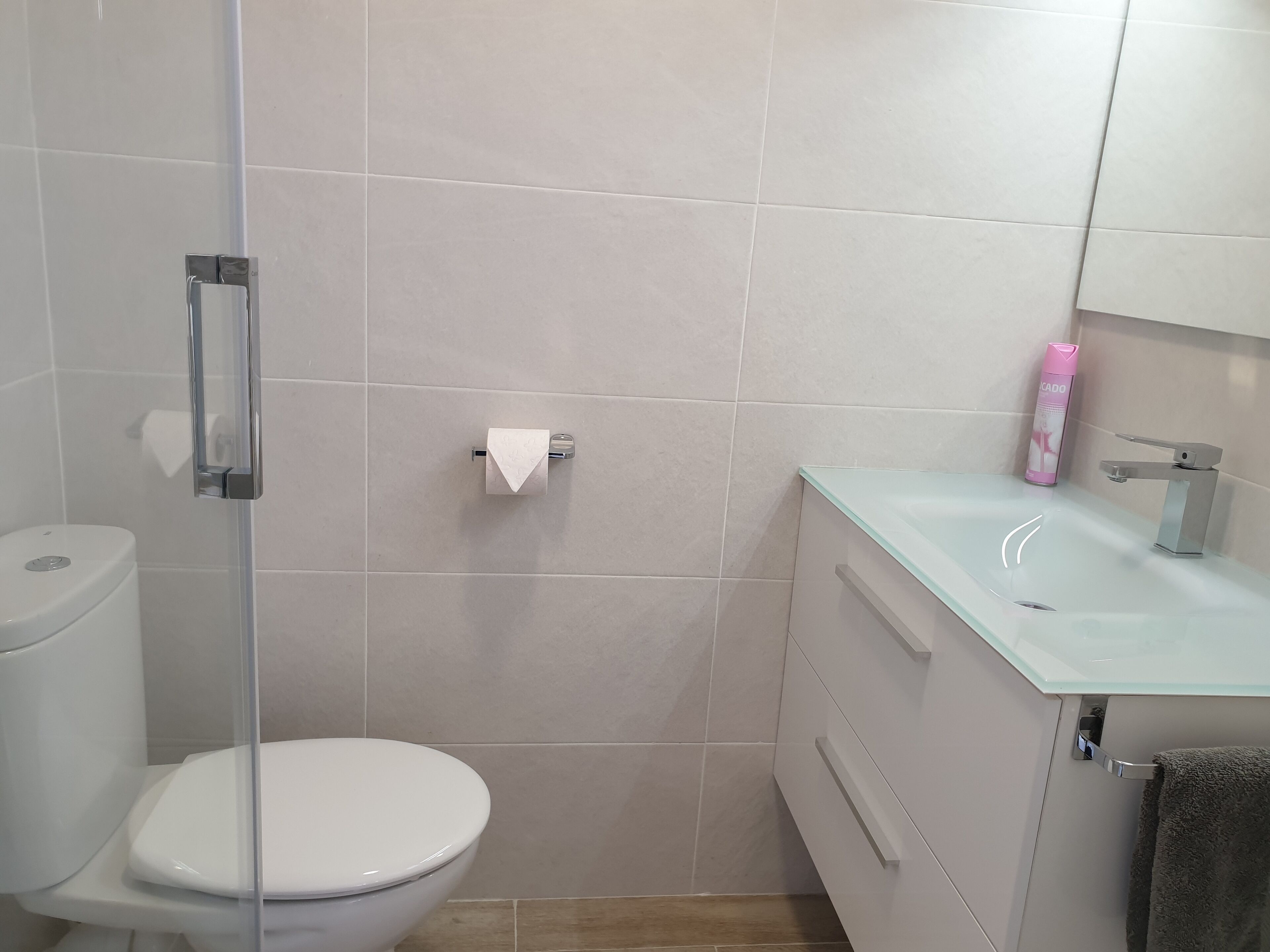 Une salle de bain comprenant des toilettes, une douche en verre, un lavabo avec un miroir et un porte-serviettes.