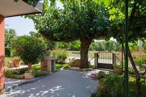 Un sendero en un jardín que lleva a una entrada con puerta, con un árbol grande que da sombra.