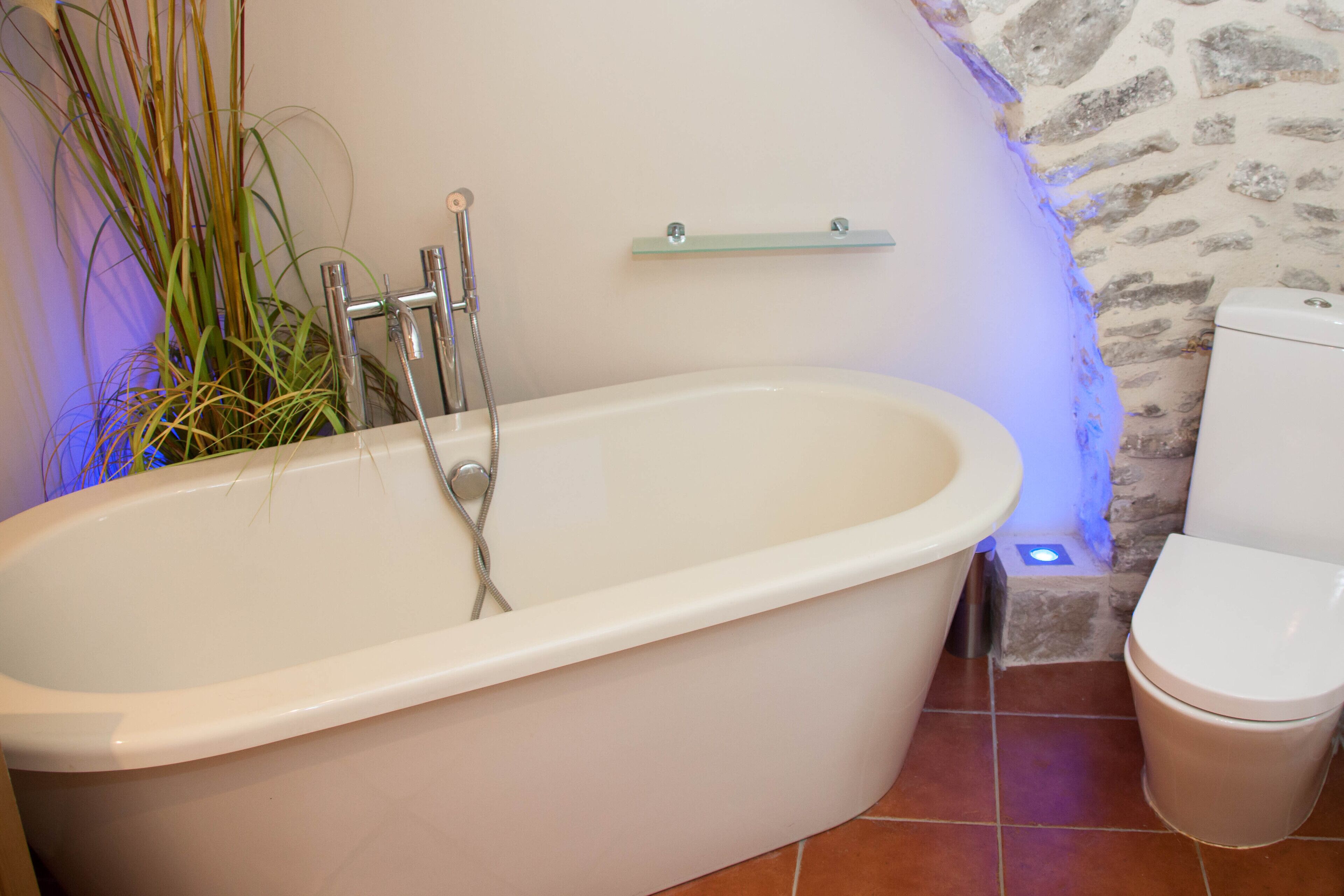 Een badkamer met een vrijstaand bad, een toilet en een klein plankje boven het toilet.
