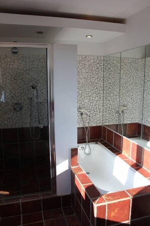Combined shower/bathtub, hair dryer, toilet paper