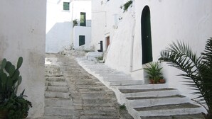 Una estrecha calle empedrada de piedra, bordeada por edificios blancos con contraventanas verdes, que conduce a una escalera.
