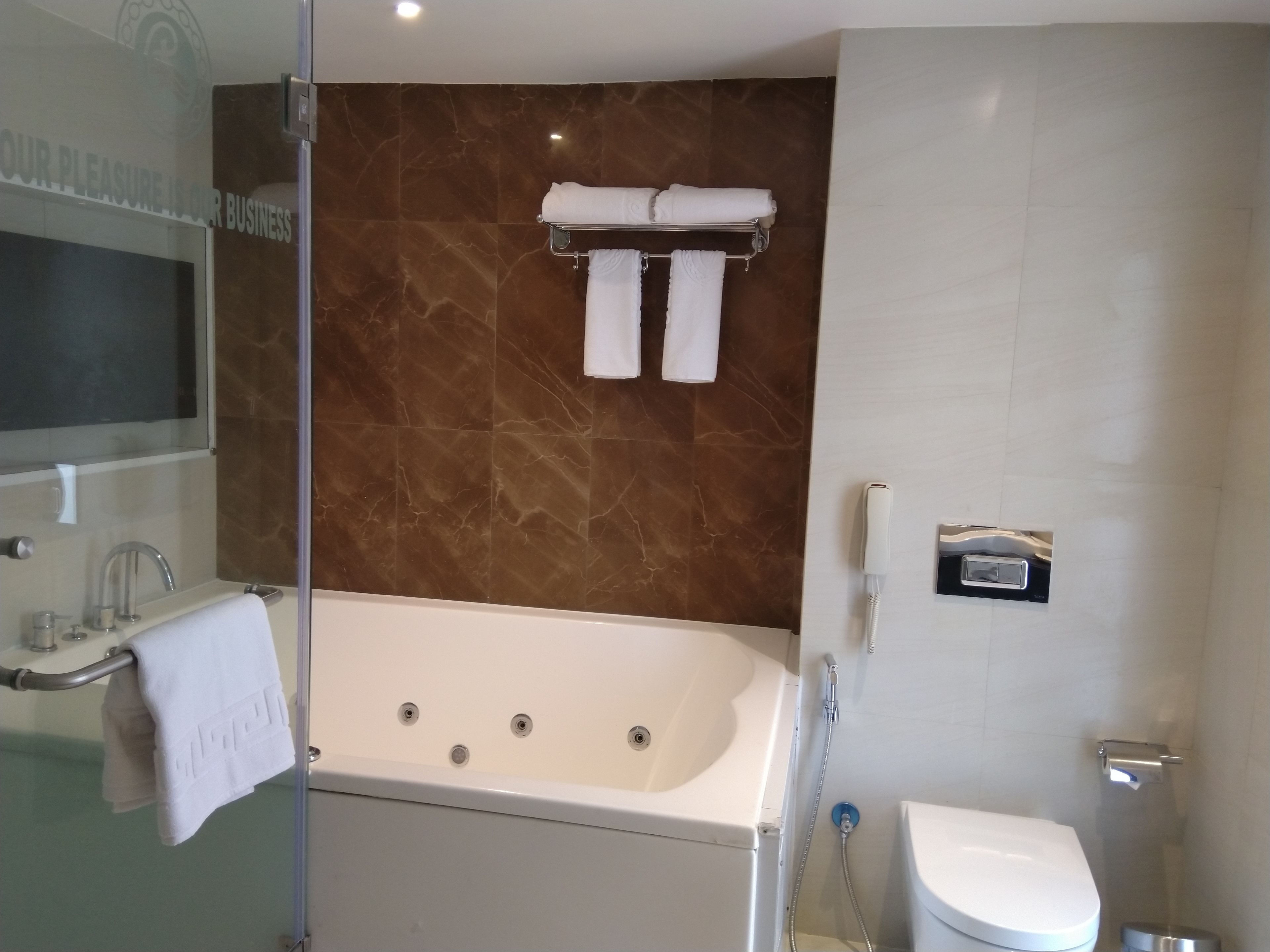 A modern bathroom with a glass-enclosed shower, a white bathtub, and a toilet.