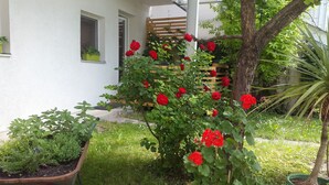 Un jardín con flores rojas, un árbol y un edificio con ventanas.