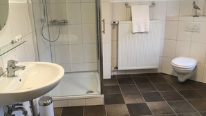 A bathroom with a glass-enclosed shower, a sink with a mirror, a toilet, and a radiator. - Farmhouse from 1869 with modern ambience, free WLAN, oven and large garden (Dahlem- Berk)