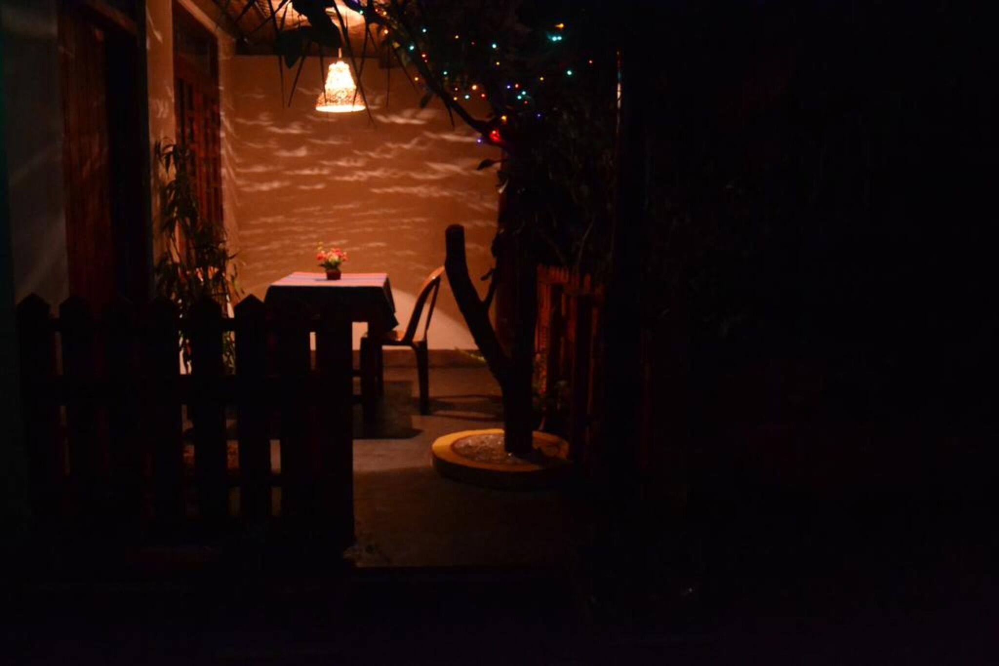 A dimly lit indoor space with a table and chairs, a hanging light fixture, and a plant.
