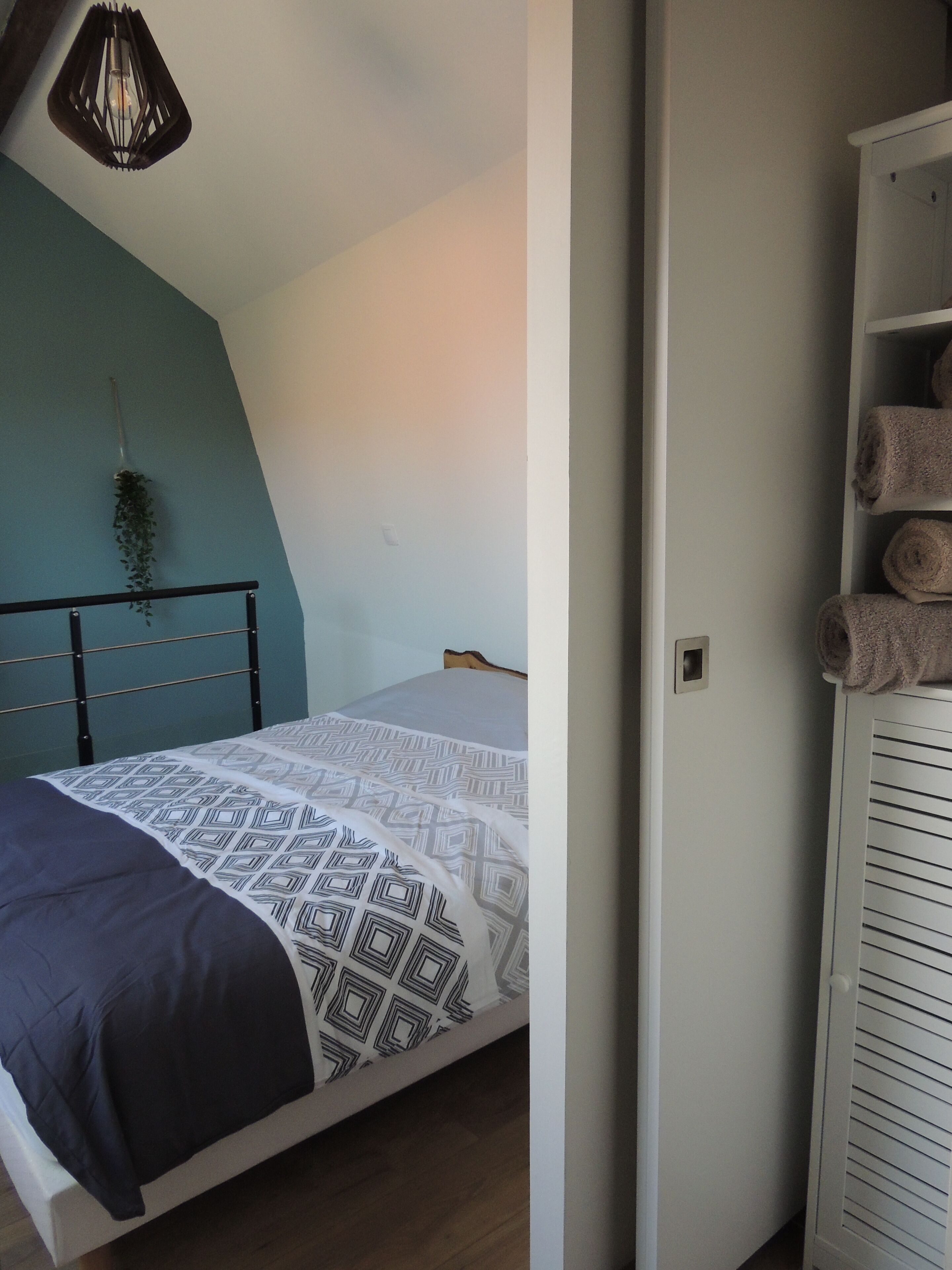 Une chambre à coucher avec un lit, une plante suspendue et une armoire contenant des serviettes.