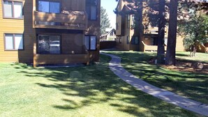 Un bâtiment moderne doté d’une façade en bois, d’un chemin piétonnier pavé et d’une pelouse bien entretenue.