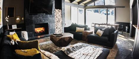 TV, fireplace, foosball