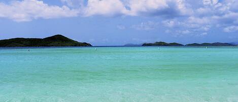 On the beach, sun loungers, beach towels