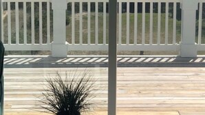 A balcony with a view of the ocean and beach. - Fabulous beach view!  Large pool…across from beach access. Decks on both levels! (Holden Beach)