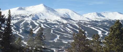 A mountainous landscape with snow-covered peaks and a valley with buildings and trees.