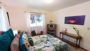 Un dormitorio con cama, televisión sobre un mueble, un cuadro en la pared y una ventana con cortinas.