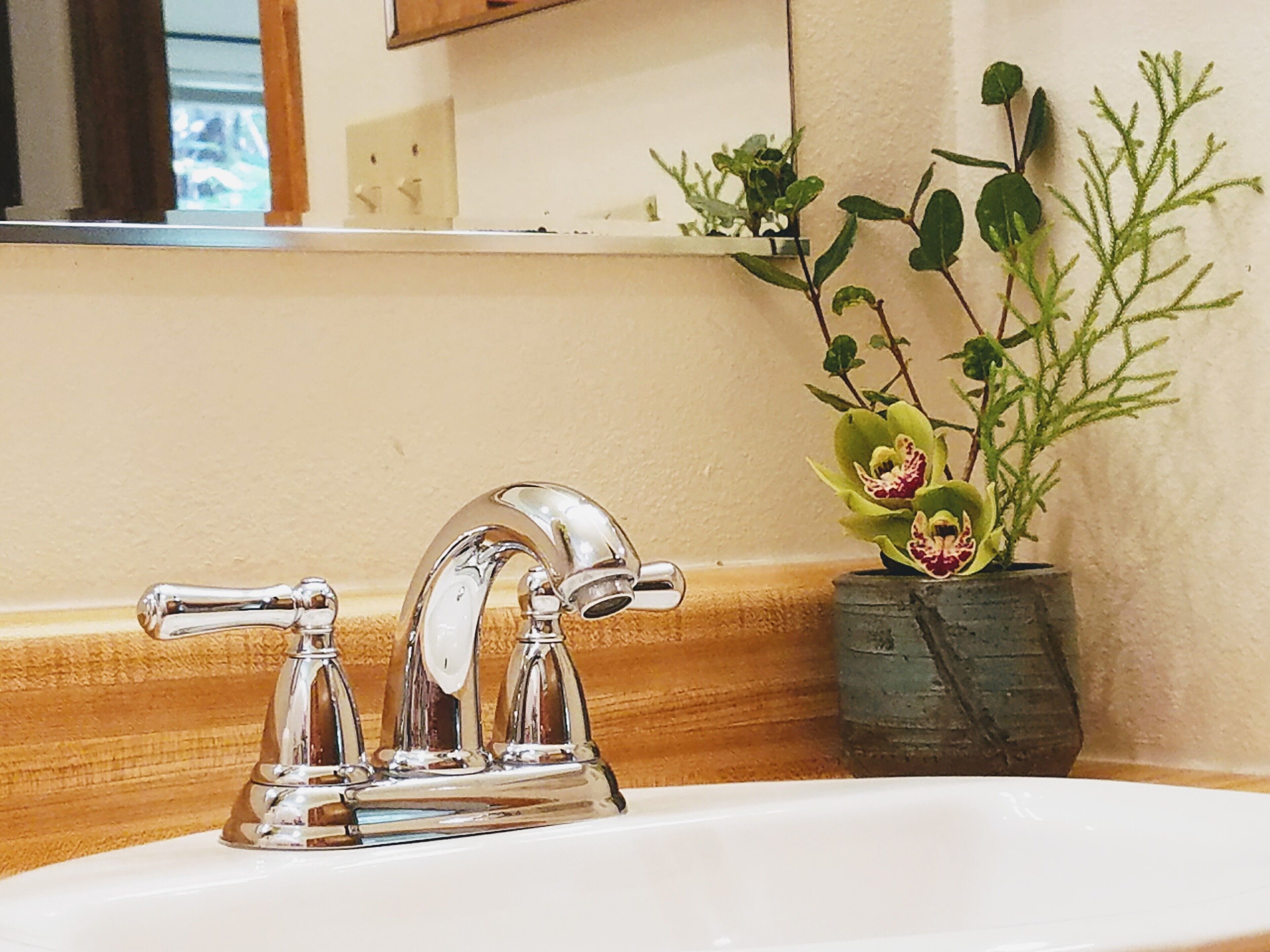 Uma pia de banheiro com torneira cromada, um espelho acima e um vaso de plantas com folhas verdes e flores vermelhas à direita.