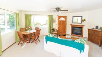 Smart TV, fireplace, DVD player, books