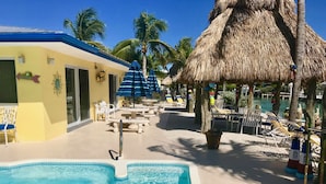 A pool area with lounge chairs and umbrellas, a thatched-roof structure, and palm trees. - DUPLEX IN DUCK KEY, 2 Bedroom/2 Bath, W/Private 90' Dock,  Trailer Storage (Duck Key)