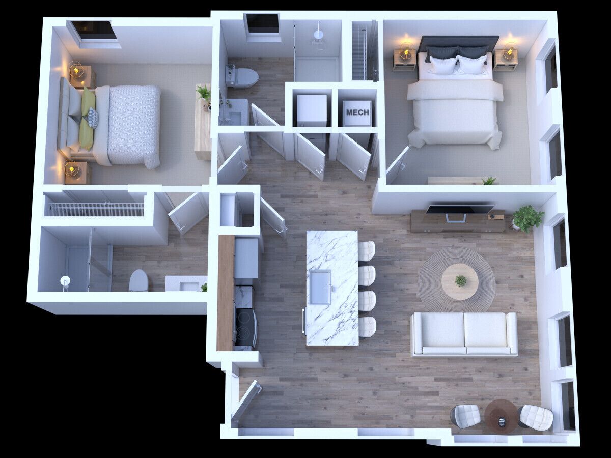 A 3D floor plan of a modern apartment with a living room, dining area, kitchen, two bedrooms, and a bathroom.