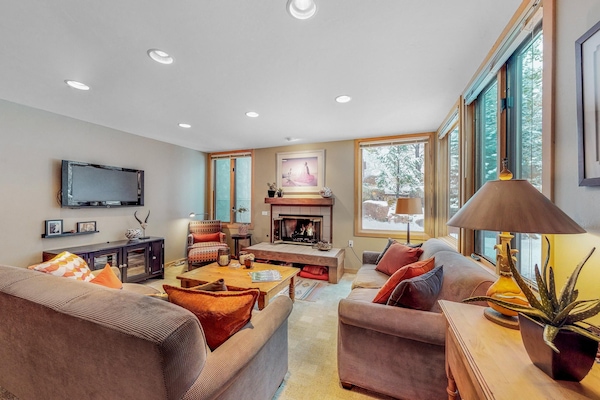 Flat-screen TV, fireplace