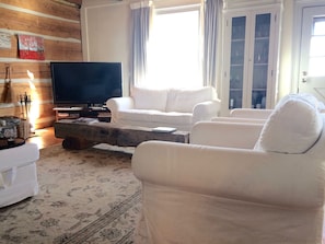 Smart-tv, eldstad, dvd-spelare och böcker