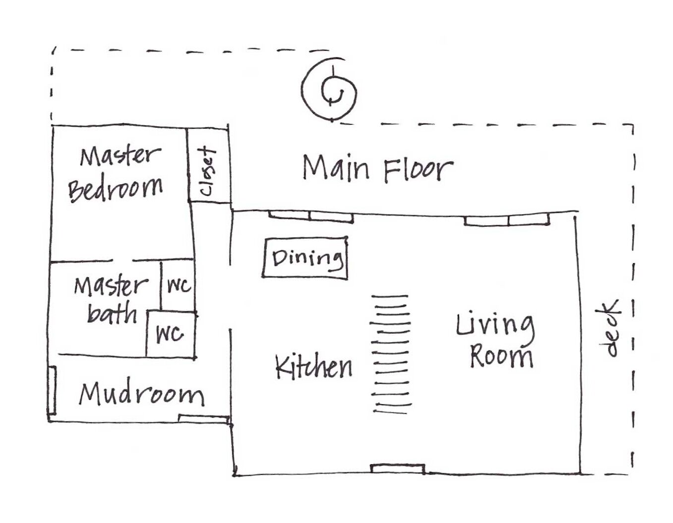 Un plano de planta que muestra un dormitorio principal, baño en suite, vestíbulo, comedor, cocina y sala de estar.