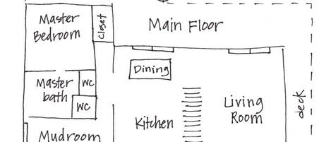 Un plano de planta que muestra un dormitorio principal, baño en suite, vestíbulo, comedor, cocina y sala de estar.