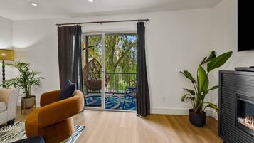 Flat-screen TV, fireplace, books