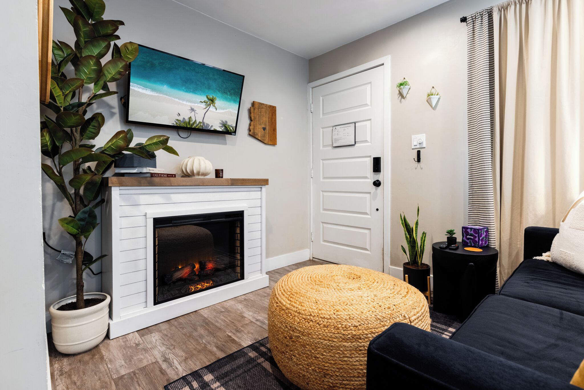 Smart TV, fireplace, books