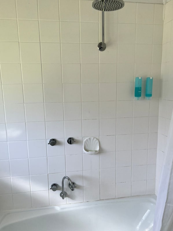 Un baño con una bañera, un cabezal de ducha y dos botellas de champú en la pared.