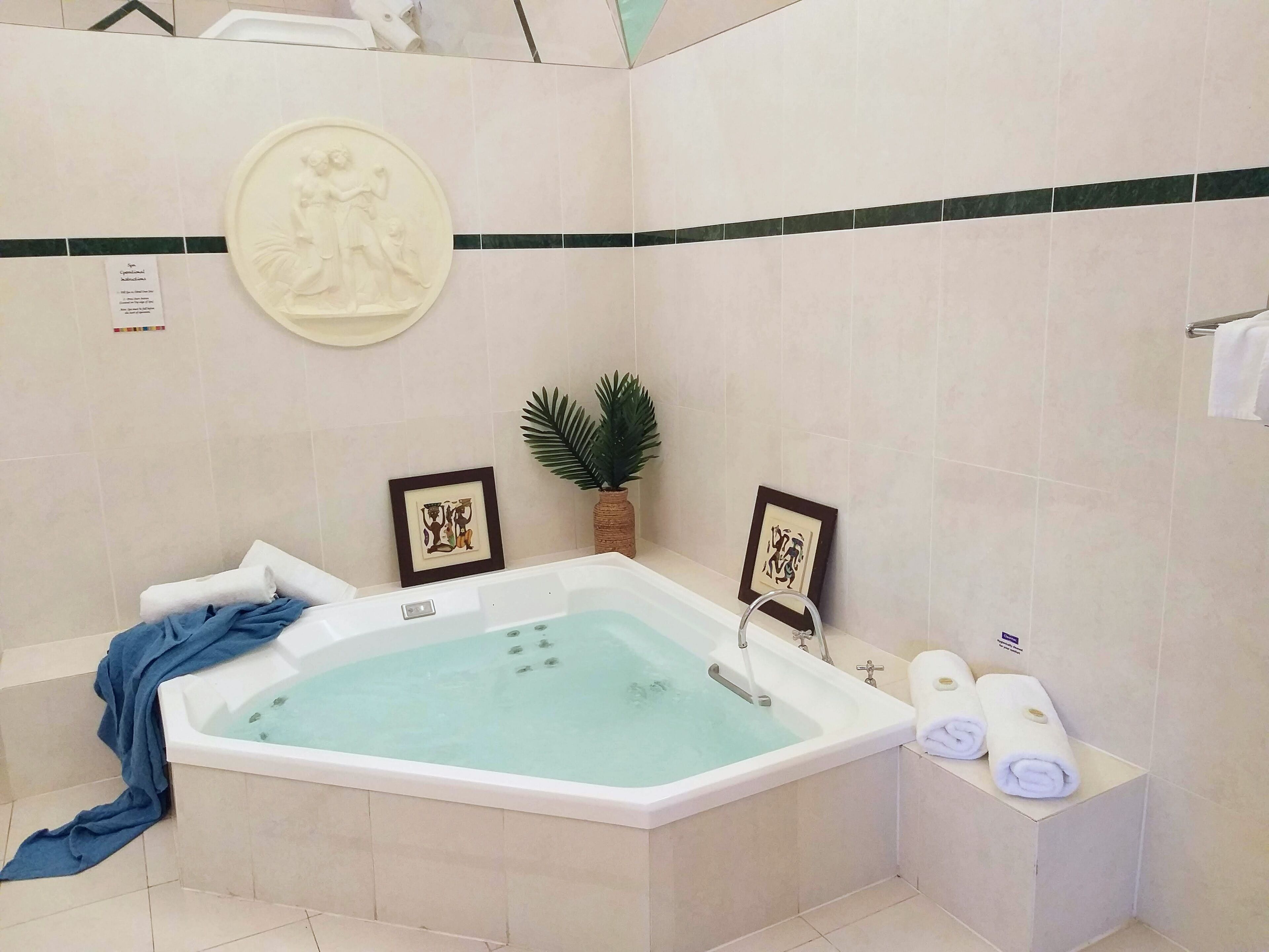 Une salle de bain avec une grande baignoire, un porte-serviettes avec des serviettes, une œuvre d’art encadrée et une plante en pot.