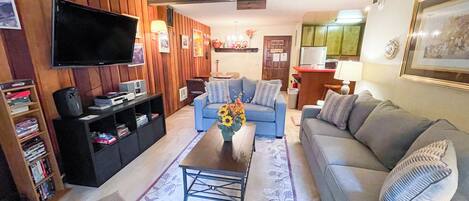 TV, foosball, video library, stereo