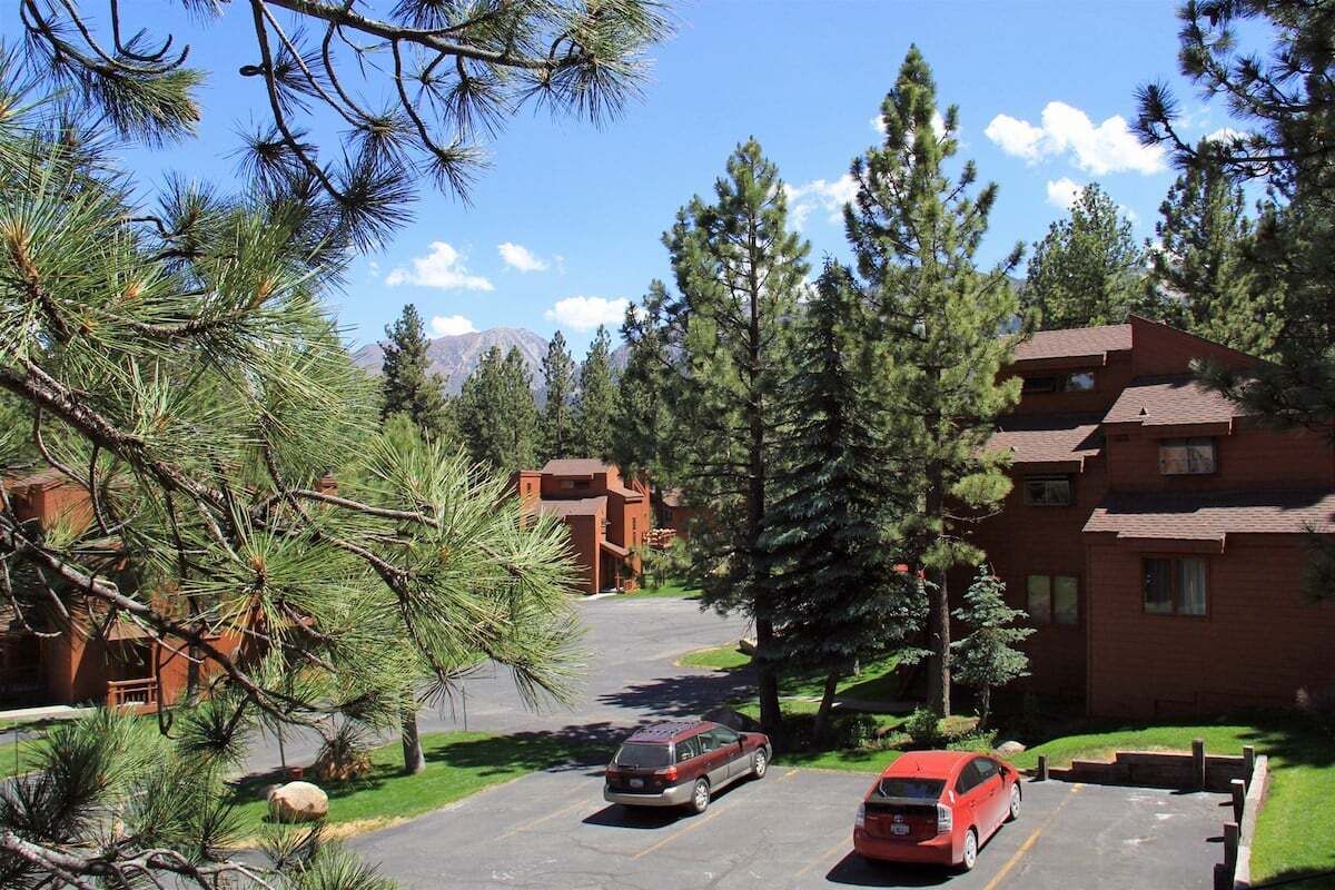 A residential area with two-story buildings, a parking lot with cars, and surrounding pine trees.