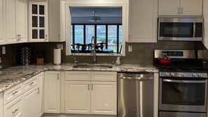A modern kitchen with white cabinets, a stainless steel dishwasher, a gas stove, and a built-in microwave.