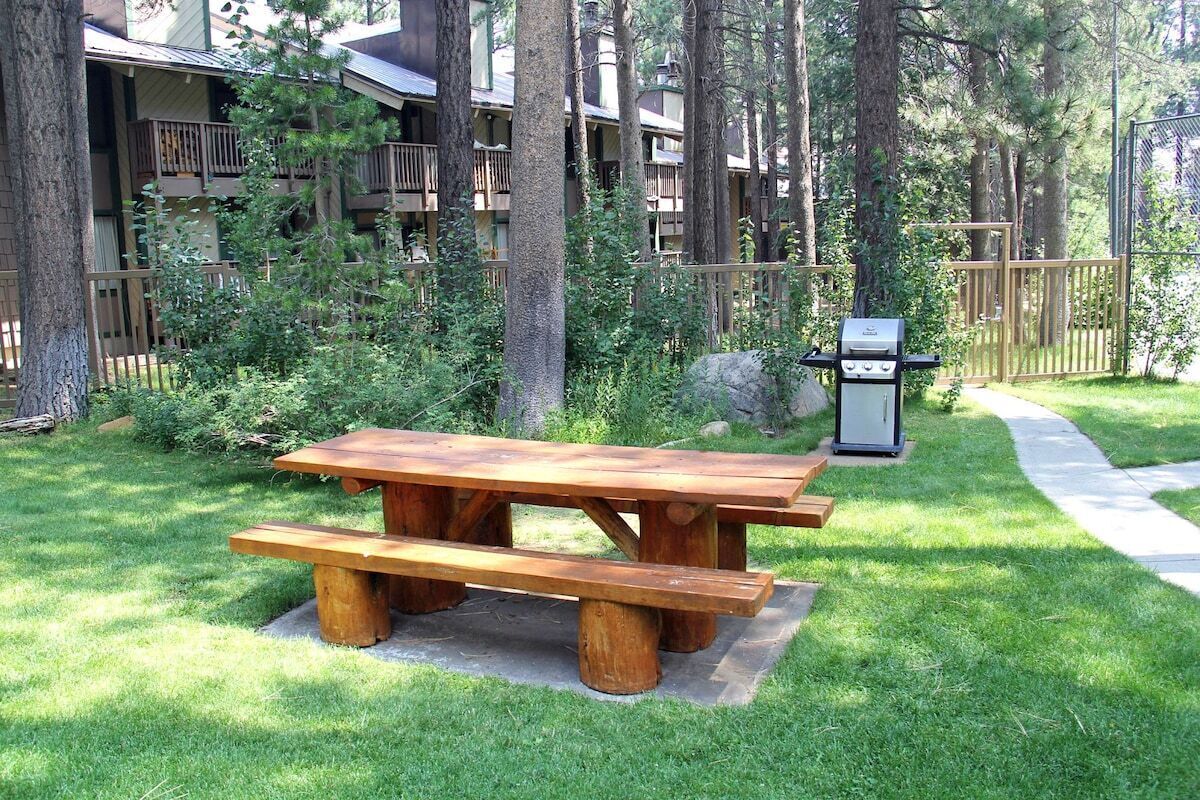 A picnic table in a grassy area with a wooden fence and a building with balconies in the background.