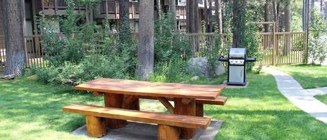 A picnic table in a grassy area with a wooden fence and a building with balconies in the background.