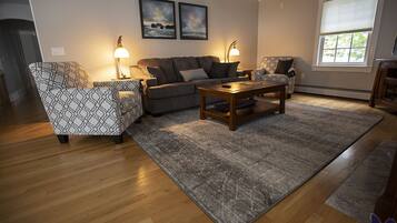 Älytelevisio, takka, DVD-soitin, kirjoja